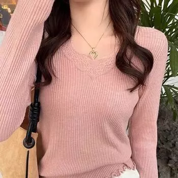Осенне-зимняя универсальная трикотажная рубашка с V-образным вырезом и кружевным сращиванием для женщин с мягким и липким низом и деревянными ушками сверху S