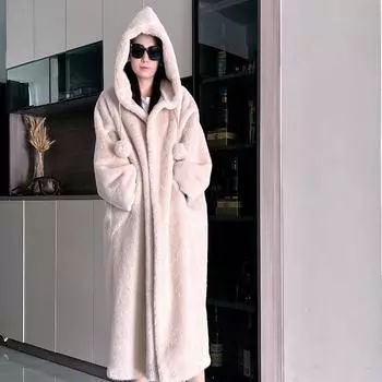 Осенне-зимняя утепленная длинная шуба из искусственной норки с капюшоном и встроенным искусственным мехом для женщин One size