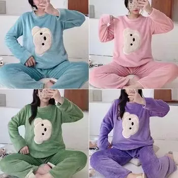 Осенне-зимняя утепленная фланелевая пижама с длинными рукавами из кораллового фланели для женщин с рисунком медведя для девочек, модная повседневная мягкая домашняя одежда M розовый