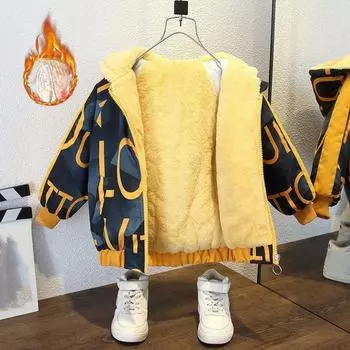 Осенне-зимняя утепленная куртка для мальчиков с подкладкой и утолщением, свободная повседневная верхняя одежда с капюшоном на молнии 140