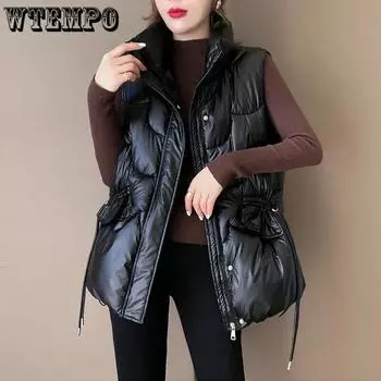 Осенне-зимняя утепленная теплая куртка без рукавов, хлопковый жилет, женское пальто, глянцевый короткий пуховый хлопковый жилет XXL чёрный