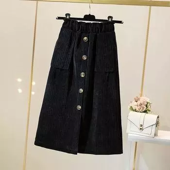 Осенне-зимняя утепленная женская юбка больших размеров, универсальная прямая юбка на пуговицах, эластичная талия, разделенный дизайн 2XL чёрный
