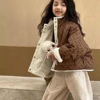 Осенне-зимняя утолщенная хлопковая куртка для девочек, симпатичная повседневная, устойчивая к пятнам, двухсторонняя одежда 120