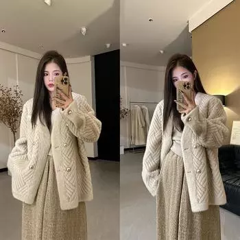 Осенне-зимняя утолщенная искусственная шуба с длинным V-образным вырезом искусственная норка плюшевая экологически чистая меховая интегрированная шуба S