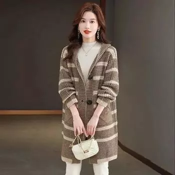 Осенне-зимняя утолщенная куртка-свитер средней длины с капюшоном, свободный полосатый вязаный кардиган большого размера XXXXXL серый