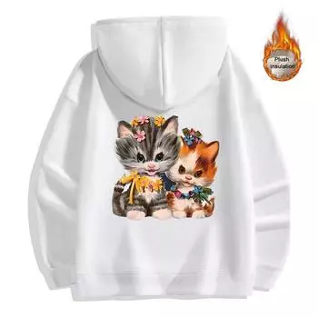 Осенне-зимняя утолщенная плюшевая толстовка с принтом чернобурки и лисицы высокого качества из хлопка высокого качества с капюшоном с принтом маленькой кошечки S темно-синий