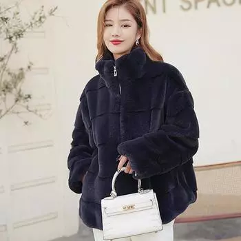 Осенне-зимняя утолщенная шуба из кролика Рекс с воротником-стойкой, имитация овечьей шерсти, застежка-молния, свободная норковая шуба для женщин, натуральная S