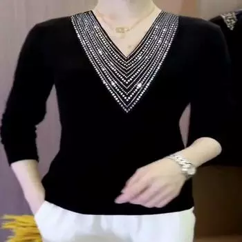 Осенне-зимняя утолщенная теплая нижняя рубашка, женская футболка с длинными рукавами и v-образным вырезом, горячая бриллиантовая футболка, повседневный модный топ XL-6XL XL чёрный