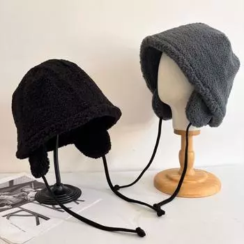Осенне-зимняя утолщенная теплая плюшевая защитная шапка для ушей, повседневная рыбацкая шапка для тазика, модная простая детская шапка из овечьей шерсти Lei Feng M56-58cm бежевый