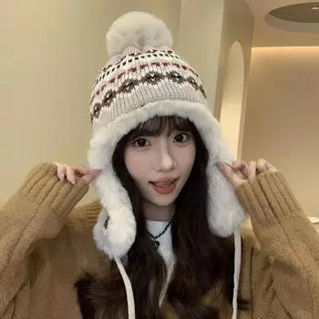 Осенне-зимняя утолщенная теплая шерстяная шапка жаккардовая вязаная бархатная шапка Lei Feng женская модная велосипедная холодная защитная шапка-ушанка для детей Average size (56-59cm)