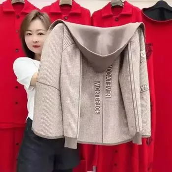 Осенне-зимняя утолщенная вязаная короткая шерстяная куртка для мам с капюшоном для женщин среднего и пожилого возраста, весенне-осенний кардиган от 40 до 50 лет S [Recommended 85-47.5 kg]