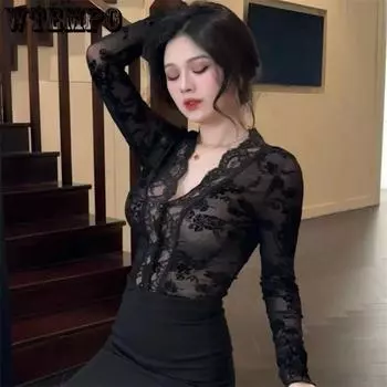 Осенне-зимняя узкая и тонкая кружевная нижняя рубашка Spicy Girl Sexy Hollow Out Design с длинным рукавом M