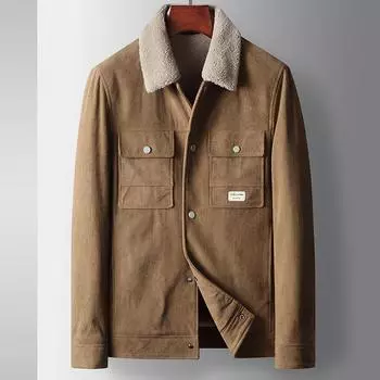 Осенне-зимняя вельветовая утолщенная лацканная куртка для людей среднего возраста и молодежи, деловая, теплая куртка для отдыха 170 хаки