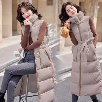 Осенне-зимняя верхняя одежда с капюшоном жилет жилет средней и длинной длины до колена хлопковый жилет женское утолщенное пальто с талией прилив M чёрный