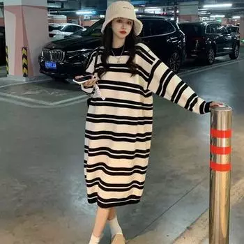Осенне-зимняя версия корейского стиля, свободное трикотажное платье длиной до колена, полосатая рубашка, ленивый ветер, свитер, юбка, одежда с круглым вырезом one size fits all серый