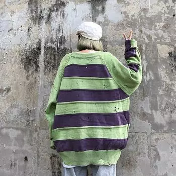 Осенне-зимняя версия, свободный повседневный свитер в стиле ретро с контрастной полоской и отверстием, ленивый тренд XL зелёный