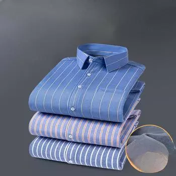 Осенне-зимняя вертикальная полосатая рубашка из хлопка Оксфорд, мужская, с длинными рукавами, с утолщенным флисовым покрытием, терморубашка мужская M