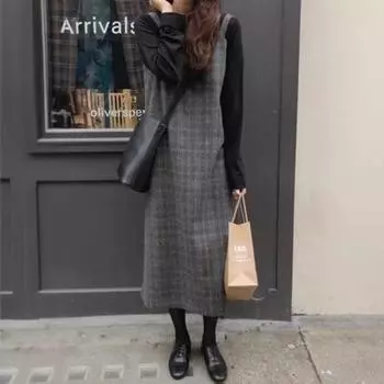 Осенне-зимняя винтажная клетчатая юбка на подтяжках, свободные утягивающие шерстяные повседневные платья на подтяжках S