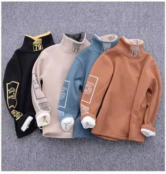 Осенне-зимняя водолазка плюс бархатная одежда для мальчиков, топы, теплая футболка, пуловеры, базовое нижнее белье, детская одежда, топы для девочек 110 хаки