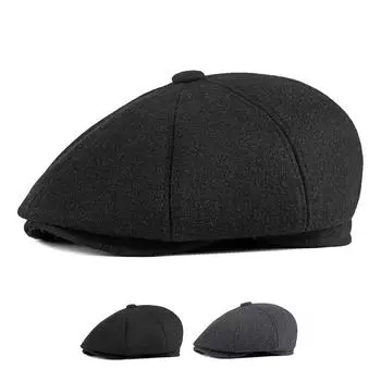 Осенне-зимняя восьмиугольная шляпа, британская шерстяная шапка, теплый берет с защитой ушей, мужская кепка газетчика, шляпы художников Гэтсби, Gorro Hombre Boina 55-60cm чёрный