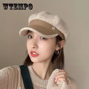 Осенне-зимняя восьмиугольная шляпа в стиле ретро из искусственной кожи, вязаная шляпа художника в стиле дикого ретро для женщин хаки