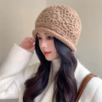 Осенне-зимняя вязаная крючком шапка ручной работы женская в иностранном стиле показывает маленькое лицо двухслойная теплая шерстяная шапка-мешок на голову average size elastic 55-60 хаки
