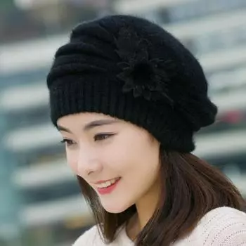 Осенне-зимняя вязаная крючком женская шапка с цветочным узором из меха кролика, теплая толстая ветрозащитная вязаная однотонная шапка чёрный