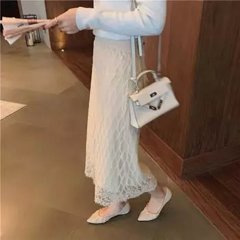 Осенне-зимняя вязаная полуюбка, женский свитер А-образной формы, водорастворимое кружево с обеих сторон, шерстяная юбка с запахом на бедрах One Size чёрный