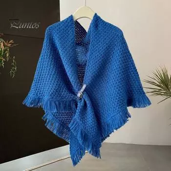 Осенне-зимняя вязаная шаль с кисточками, однотонный треугольный шарф с пуговицами, утолщенная теплая трикотажная накидка