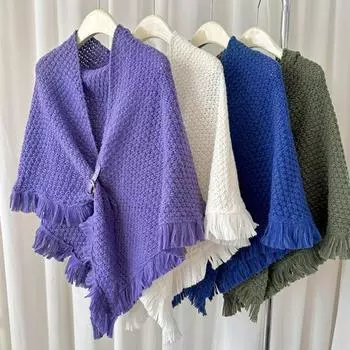 Осенне-зимняя вязаная шаль с кисточками, однотонный треугольный шарф с пуговицами, утолщенная теплая трикотажная накидка