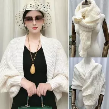 Осенне-зимняя вязаная шаль с ребристым краем, длинный рукав, открытая передняя шаль, однотонная, с ребристым краем, уютная шаль хаки