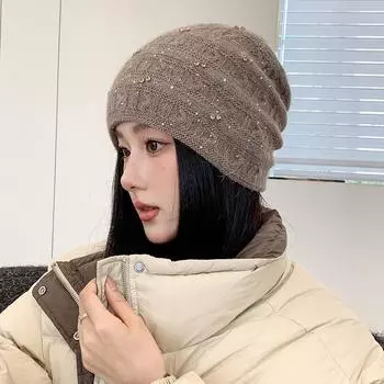 Осенне-зимняя вязаная шапка для женщин с бриллиантовым лицом, маленькая модная универсальная шапка с плюшевым утеплителем, стильная шерстяная шапка one size серый