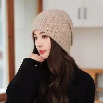 Осенне-зимняя вязаная шапка для женщин, утолщенная, полая, защита ушей, теплая, элегантная, модная, вязаная, ворсовая шапка из пряжи one size верблюд
