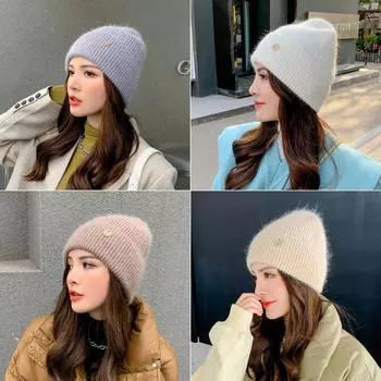 Осенне-зимняя вязаная шапка из меха кролика, шерстяная шапка с сеткой и буквами, модная теплая шапка для диких животных, осенне-зимняя защитная шапка для ушей One size