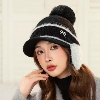 Осенне-зимняя вязаная шапка с защитой ушей из кроличьей шерсти M Label, модная и универсальная теплая шерстяная шапка-пуловер с шариками и плюшем One size чёрный