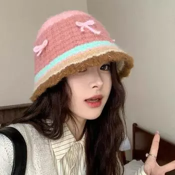 Осенне-зимняя вязаная шапка теплая шерстяная шапка милый бант плюшевая универсальная защитная шапка для ушей шапка для бассейна M56-58cm хаки