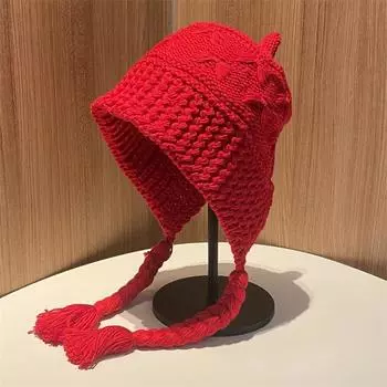 Осенне-зимняя вязаная шерстяная шапка с бахромой для женщин с маленьким лицом и большой окружностью головы, теплая защита ушей, шапка Lei Feng M56-58cm