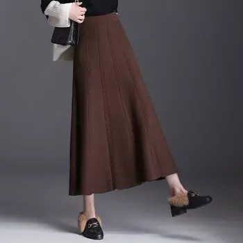 Осенне-зимняя вязаная юбка трапециевидной формы средней длины, женская эластичная, с высокой талией, тонкая длинная длинная шерстяная юбка длиной выше колена, женская