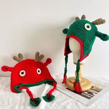 Осенне-зимняя вязаная вручную забавная шапка с изображением животных, женские мультяшные рога, рождественский подарок, теплая шерстяная шапка M56-58cm зелёный