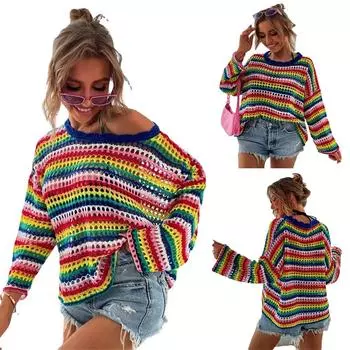Осенне-зимняя вязка, свободный двухцветный полосатый свитер с круглым вырезом, удобная женская одежда S разноцветный