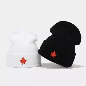 Осенне-зимняя вышивка с красным кленовым листом, модная женская круглая вязаная шапка, модный бренд, персонализированная вязаная шапка в стиле хип-хоп для мужчин M56-58cm чёрный