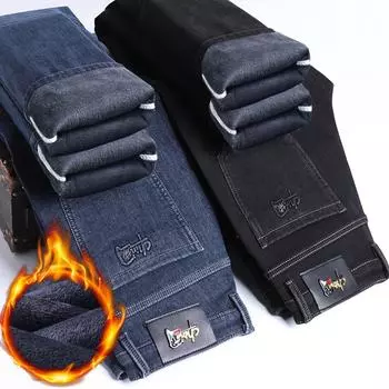 Осенне-зимняя вышивка с плюшевым утолщением/Обычные джинсы мужские деловые свободные прямые брюки эластичные теплые брюки 29 синий