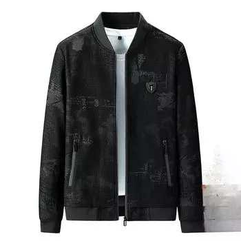 Осенне-зимняя высококачественная мужская повседневная универсальная куртка с темным узором, с начесом и утолщенной отделкой, свободная куртка для пап среднего возраста M чёрный