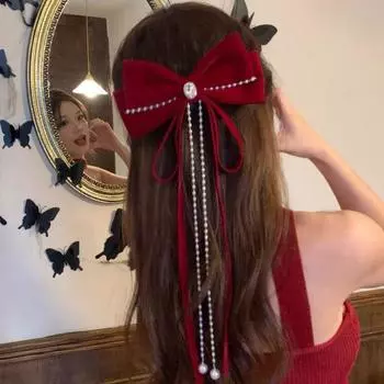 Осенне-зимняя заколка-бантик с жемчугом и серпантином для волос Женская заколка-заколка для волос Затылок Новогодние красные аксессуары для волос Головной убор принцессы
