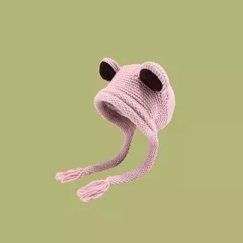 Осенне-зимняя зеленая вязаная шапка с милой лягушкой, теплая защитная шапка с бахромой для ушей, мужская, утолщенная теплая шапка из шерсти лягушки для женщин M56-58cm чёрный