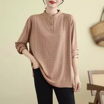 Осенне-зимняя жаккардовая свободная рубашка с длинными рукавами, женская базовая рубашка больших размеров для людей среднего возраста, тонкие рубашки в стиле «пожилой человек» L чёрный