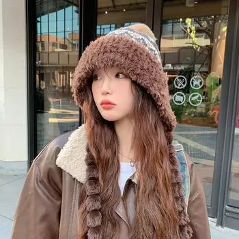 Осенне-зимняя жаккардовая вязаная шапка женская с большим меховым воротником, плюшевая утолщенная термозащитная шапка-мешок для головы, шерстяная шапка чёрный