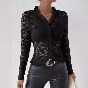 Осенне-зимняя женская элегантная однослойная футболка с оборками и цветочным узором из кешью S чёрный