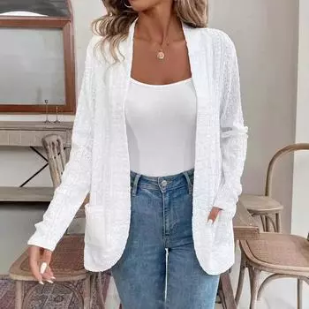 Осенне-зимняя женская элегантная однотонная кружевная куртка с двумя карманами и открытыми лацканами с длинным рукавом S белый