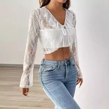 Осенне-зимняя женская элегантная сексуальная горячая сетка с оборками и кружевным галстуком с длинным рукавом S белый
